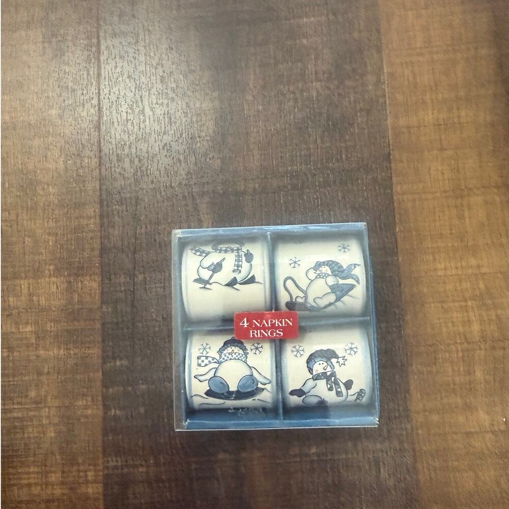 Hidden Valley Snowman Napkin Ring Set 4 Piece Hand Painted Holiday Decor